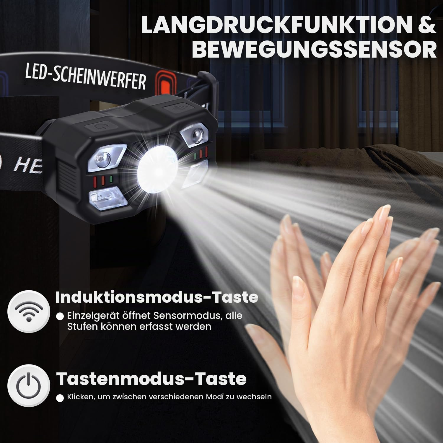 NEWHOPE Wiederaufladbar (2er-Pack), mit Sensor, 10 Modi Leuchten