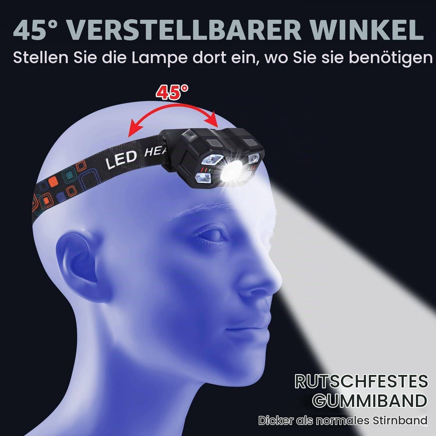 Eine blau beleuchtete Schaufensterpuppe trägt eine schwarze LED-Stirnlampe mit einem verstellbaren 45-Grad-Winkel.