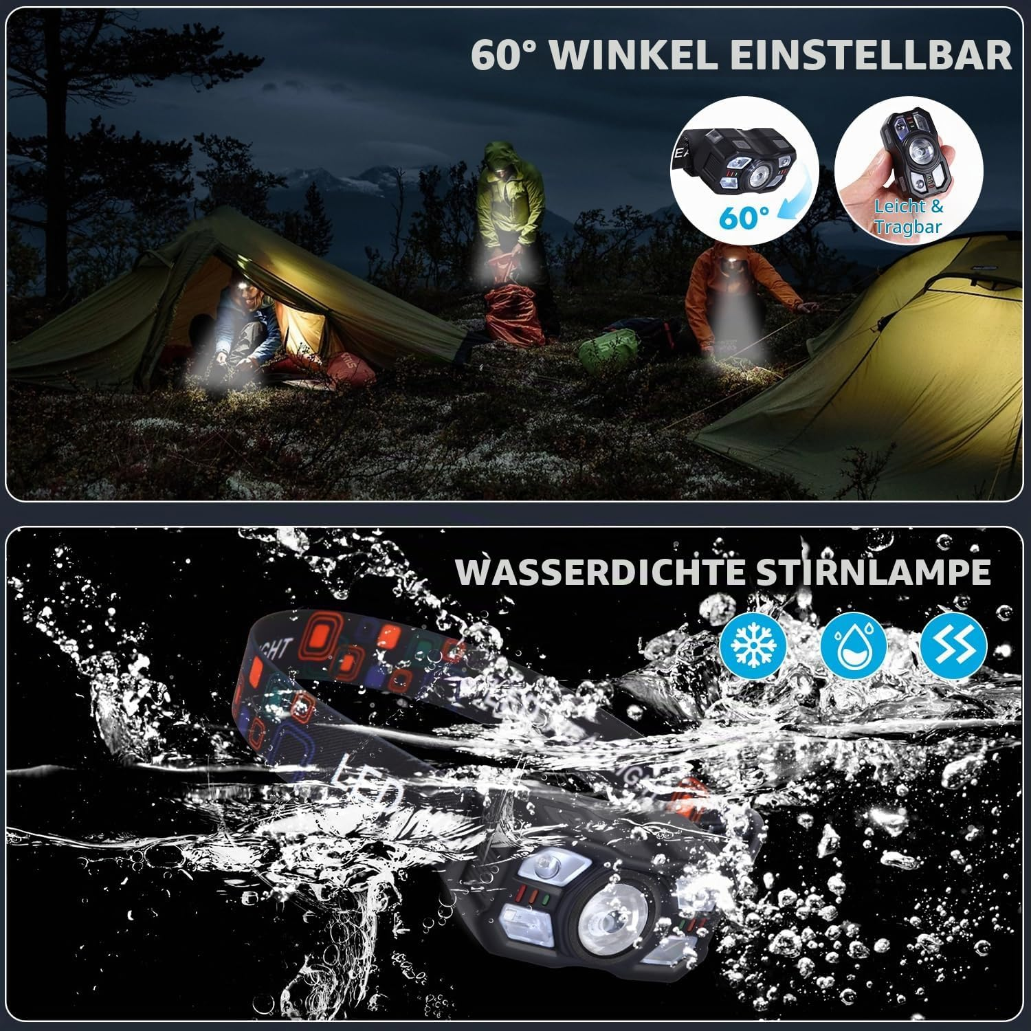 LED-Stinlampe im Einsatz beim Zelten und unter Wasser mit Symbolen für Verstellbarkeit und Wasserdichtigkeit.