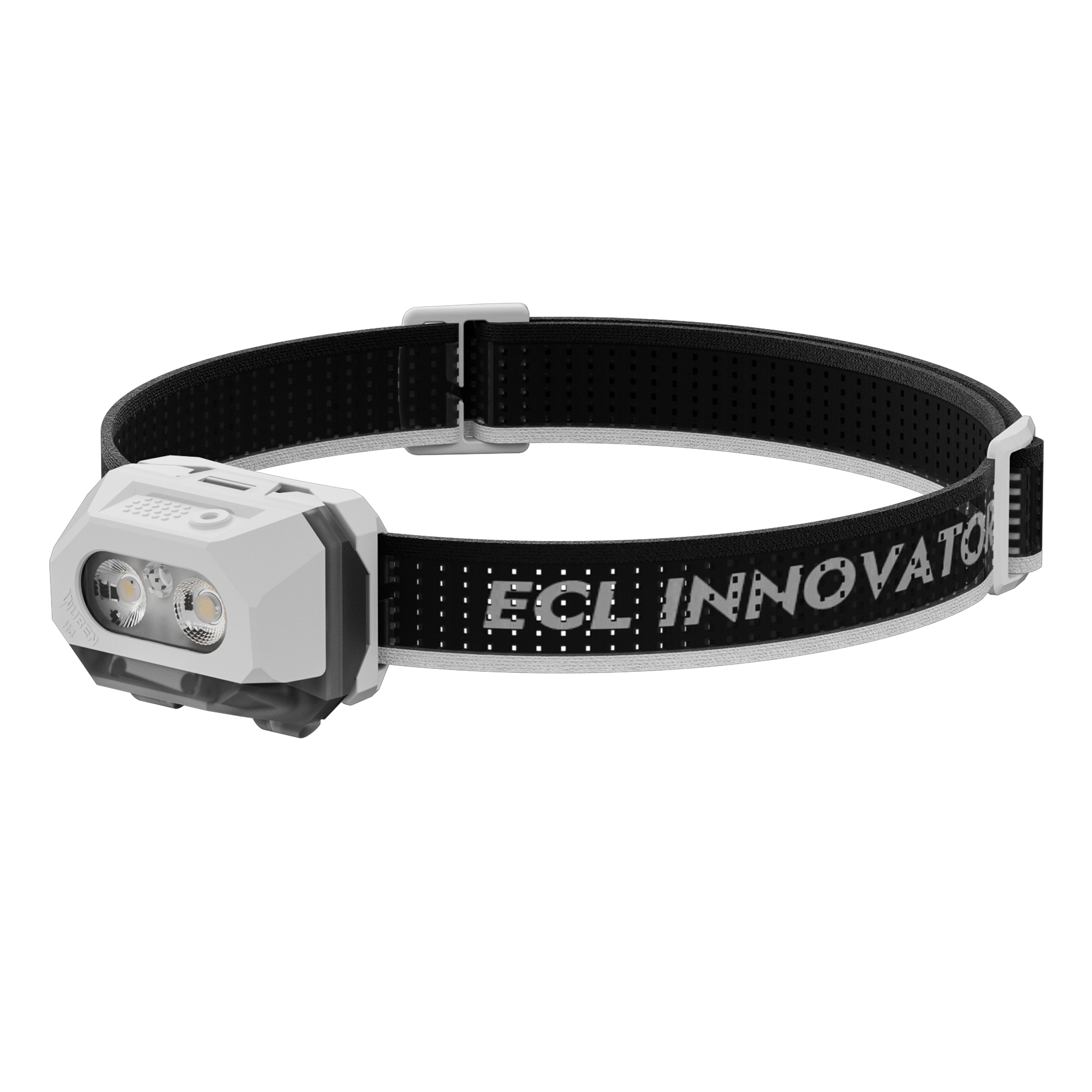 Eine weiße Stirnlampe mit schwarzem, gemustertem Band und der Aufschrift ECL INNOVATOR.