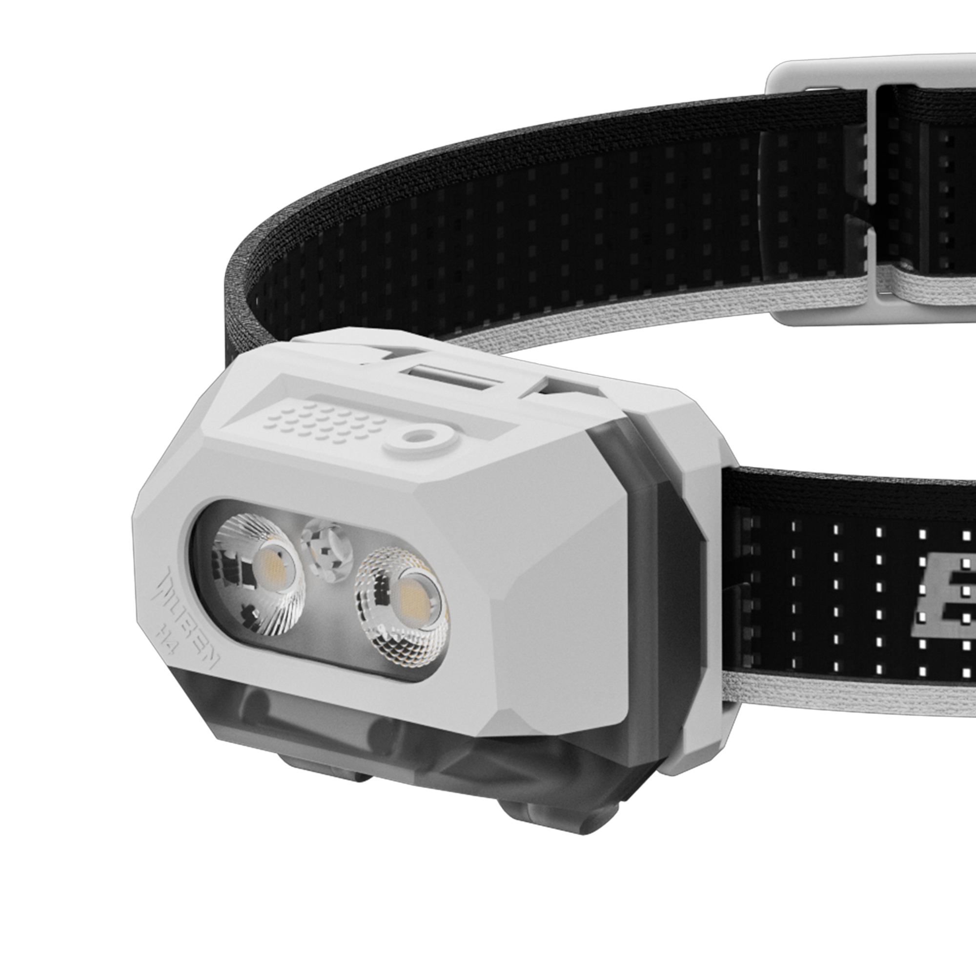 Eine weiße Stirnlampe mit zwei LED-Leuchten und schwarzem Kopfband vor weißem Hintergrund.