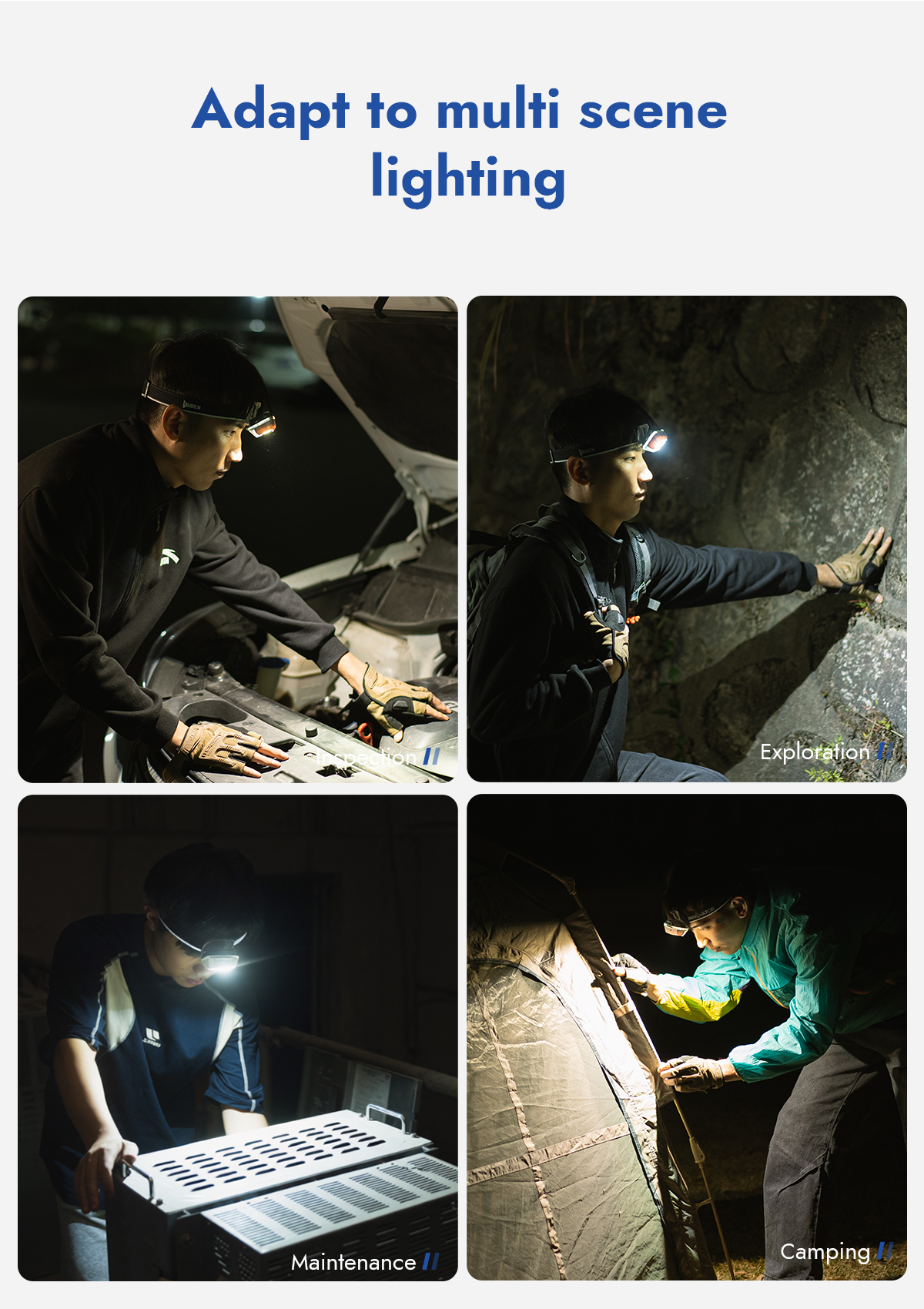 Vier Bilder zeigen einen Mann mit Stirnlampe bei Autoreparatur, Erkundung, Wartung und Camping.