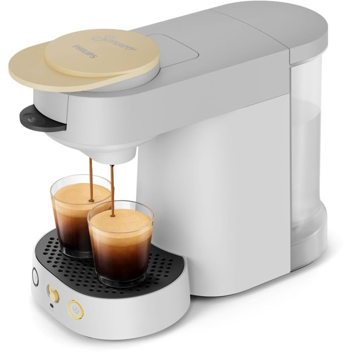 Eine weiße Philips-Kaffeemaschine brüht zwei Tassen Kaffee auf einem schwarzen Gitter.