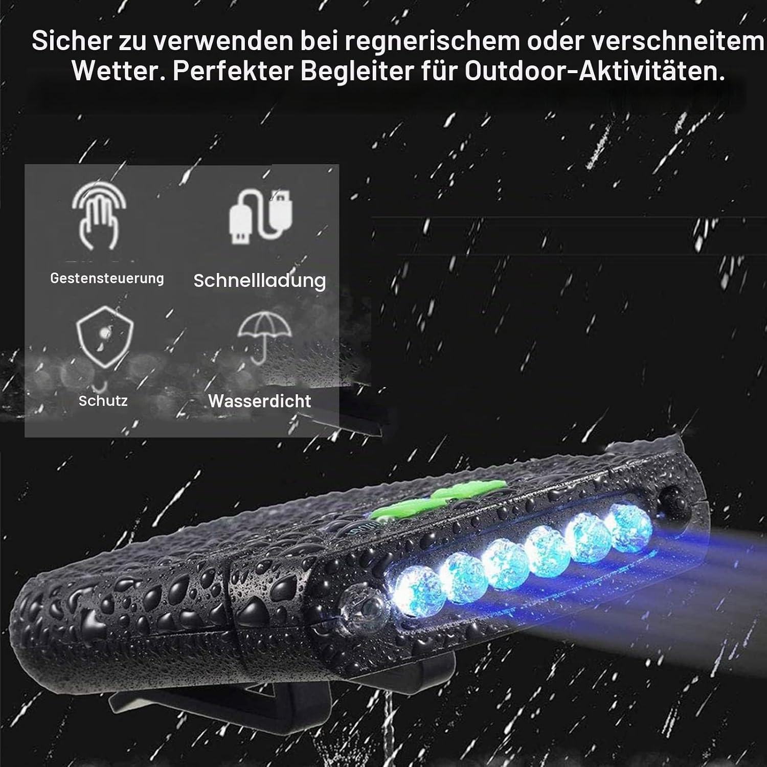 Wasserdichte LED-Lampe im Regen mit Icons für Gestensteuerung und Schnellladung.