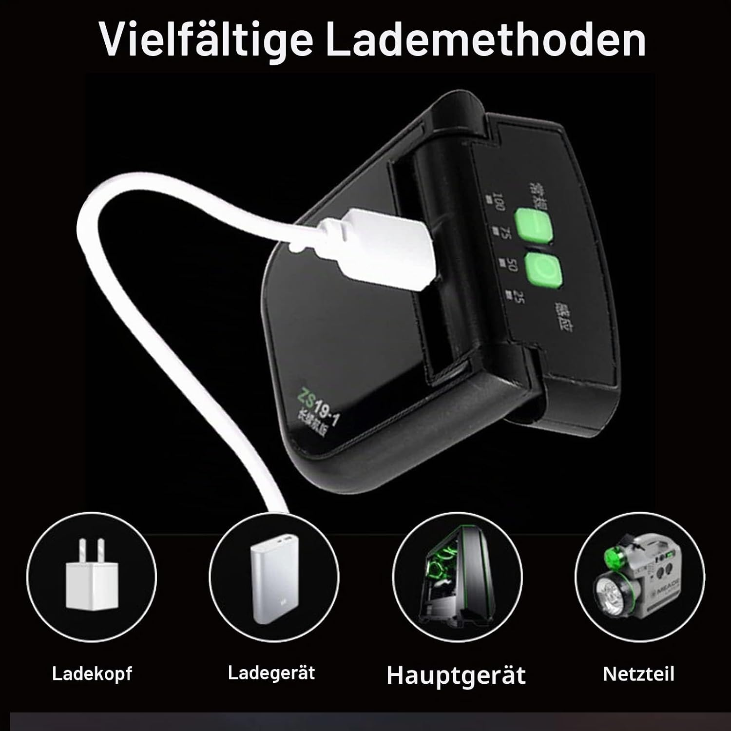 Ein schwarzes Ladegerät mit weißem Kabel wird über verschiedene Methoden wie Steckdose und Powerbank geladen.