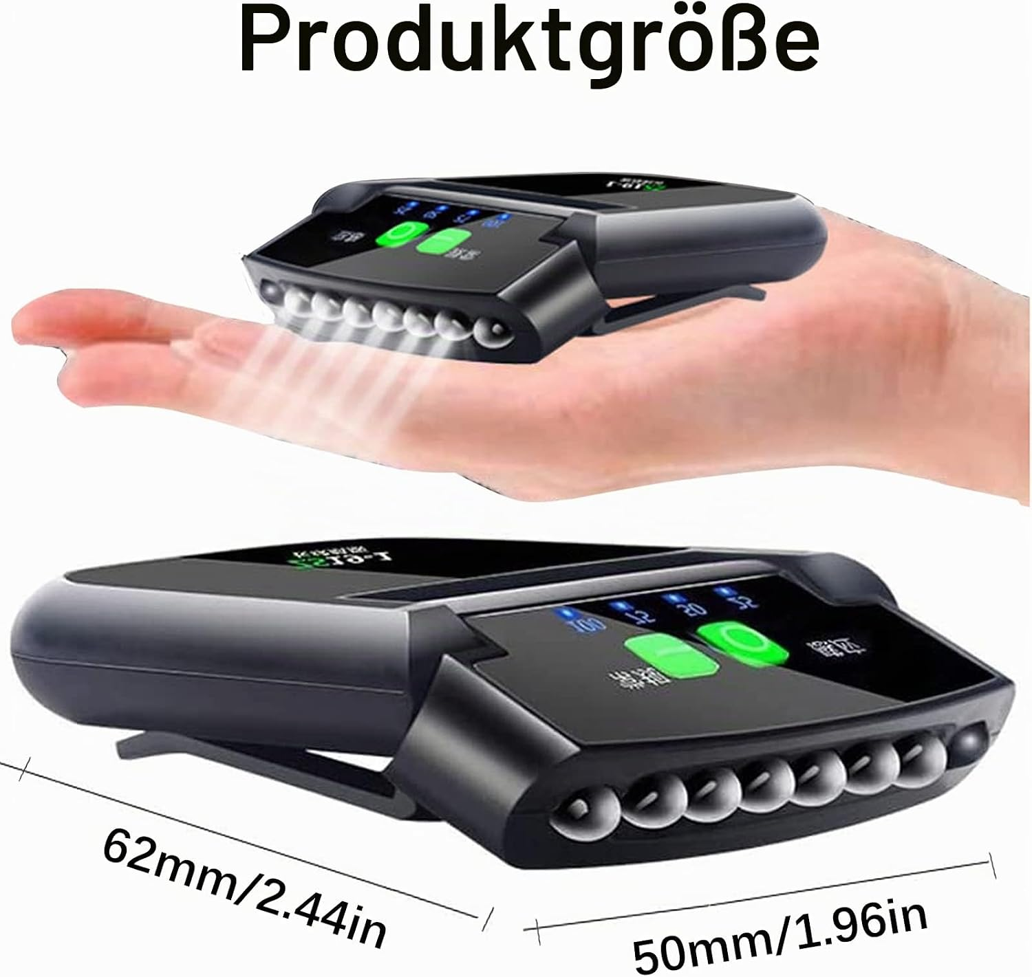 Kleine schwarze LED-Muetzenlampe mit greenen Tasten und Massangaben von 62mm mal 50mm auf offener Hand.