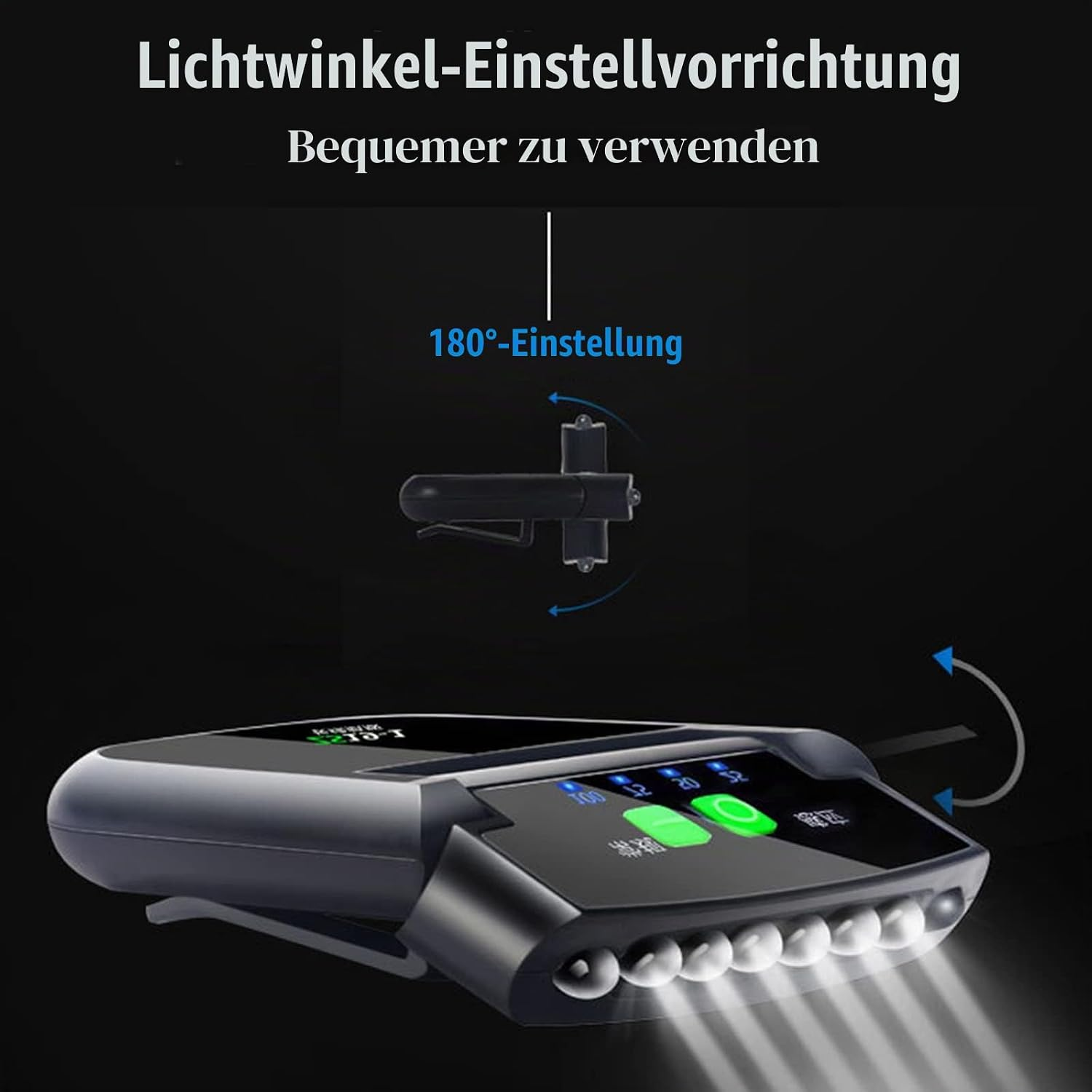 Eine schwarze LED-Leuchte mit Clip und einer 180-Grad-Winkeleinstellung, die helles Licht abstrahlt.