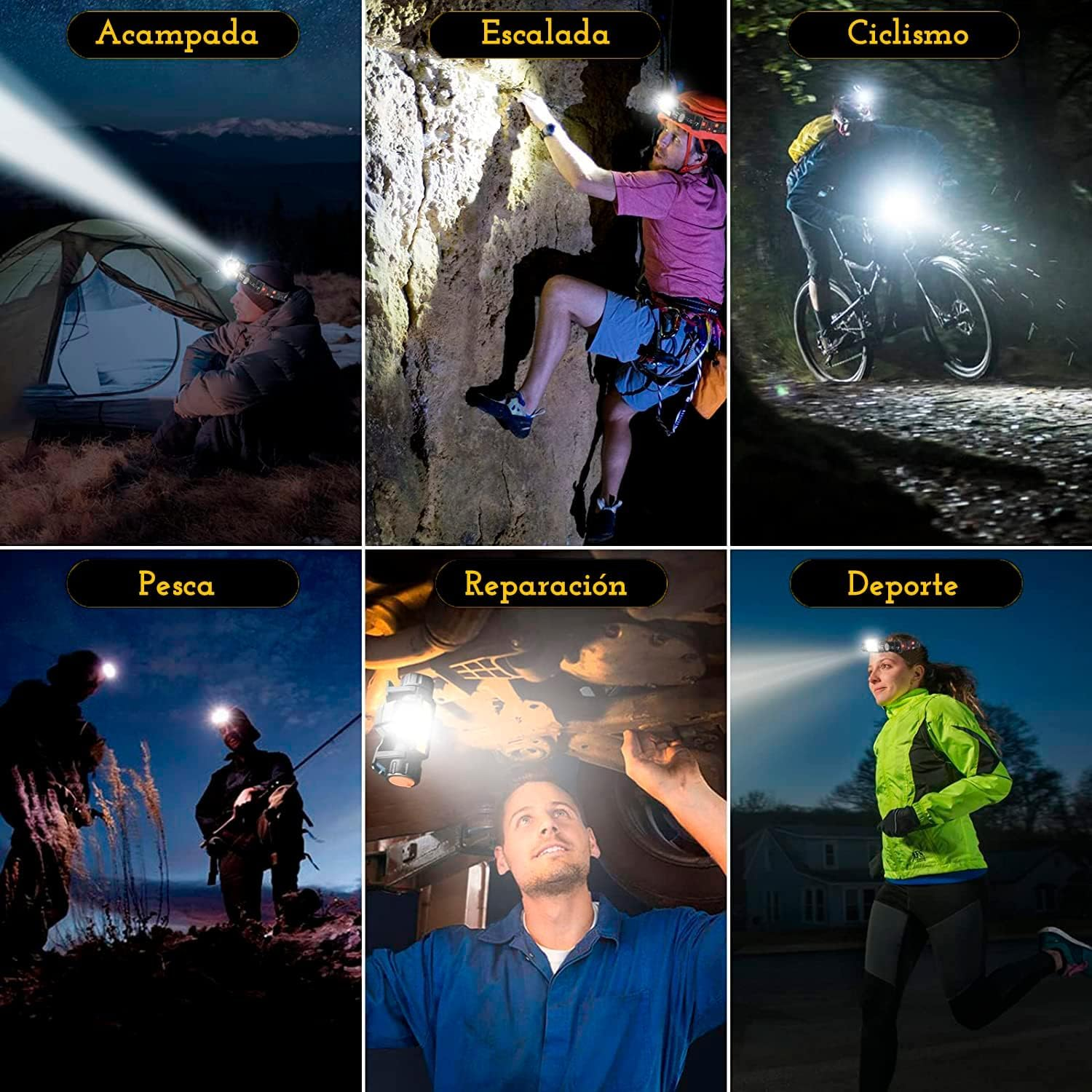 Sechsteiliges Bild zeigt Personen mit Stirnlampen beim Camping, Klettern, Radfahren, Angeln, Autoreparieren und Laufen.