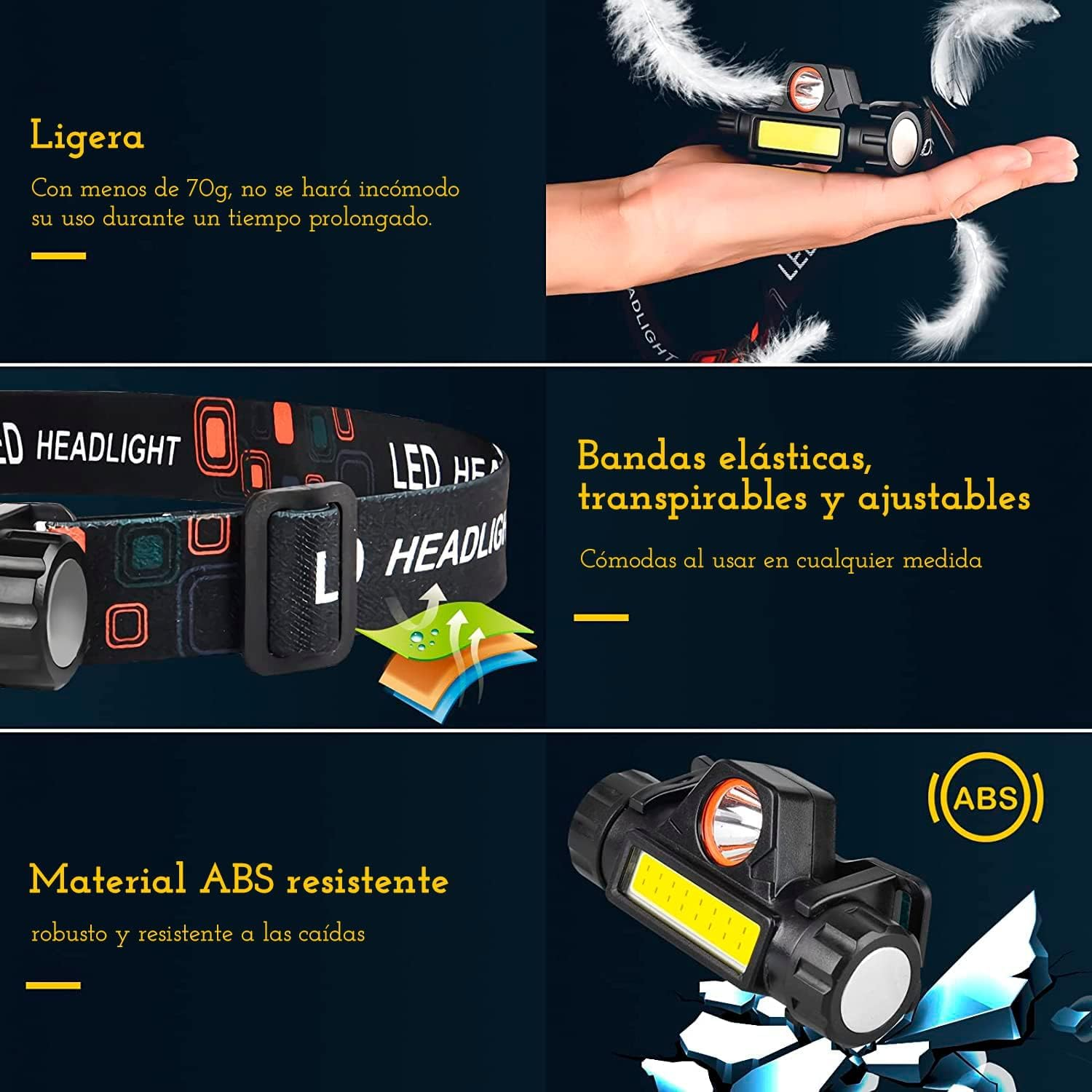 Drei Felder zeigen eine leichte, verstellbare und langlebige ABS-Stinlampe mit spanischem Text.