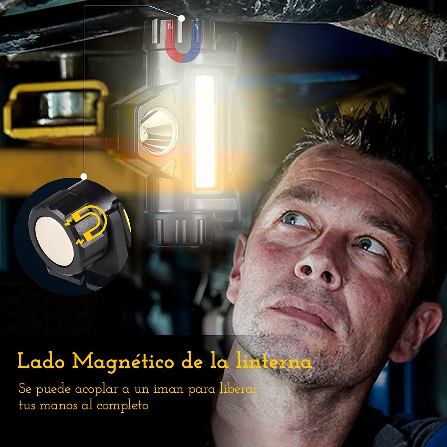 Ein Mann schaut auf eine magnetische Taschenlampe, die an Metall befestigt ist.