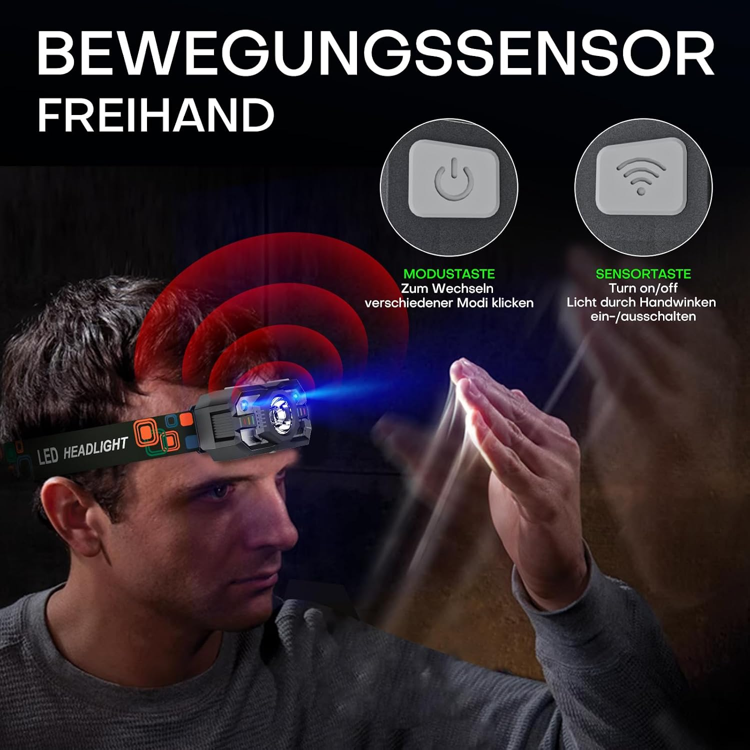 Ein Mann mit LED-Stinlampe und Bewegungssensor zeigt Handwisch-Steuerung mit roten und blauen Lichteffekten.