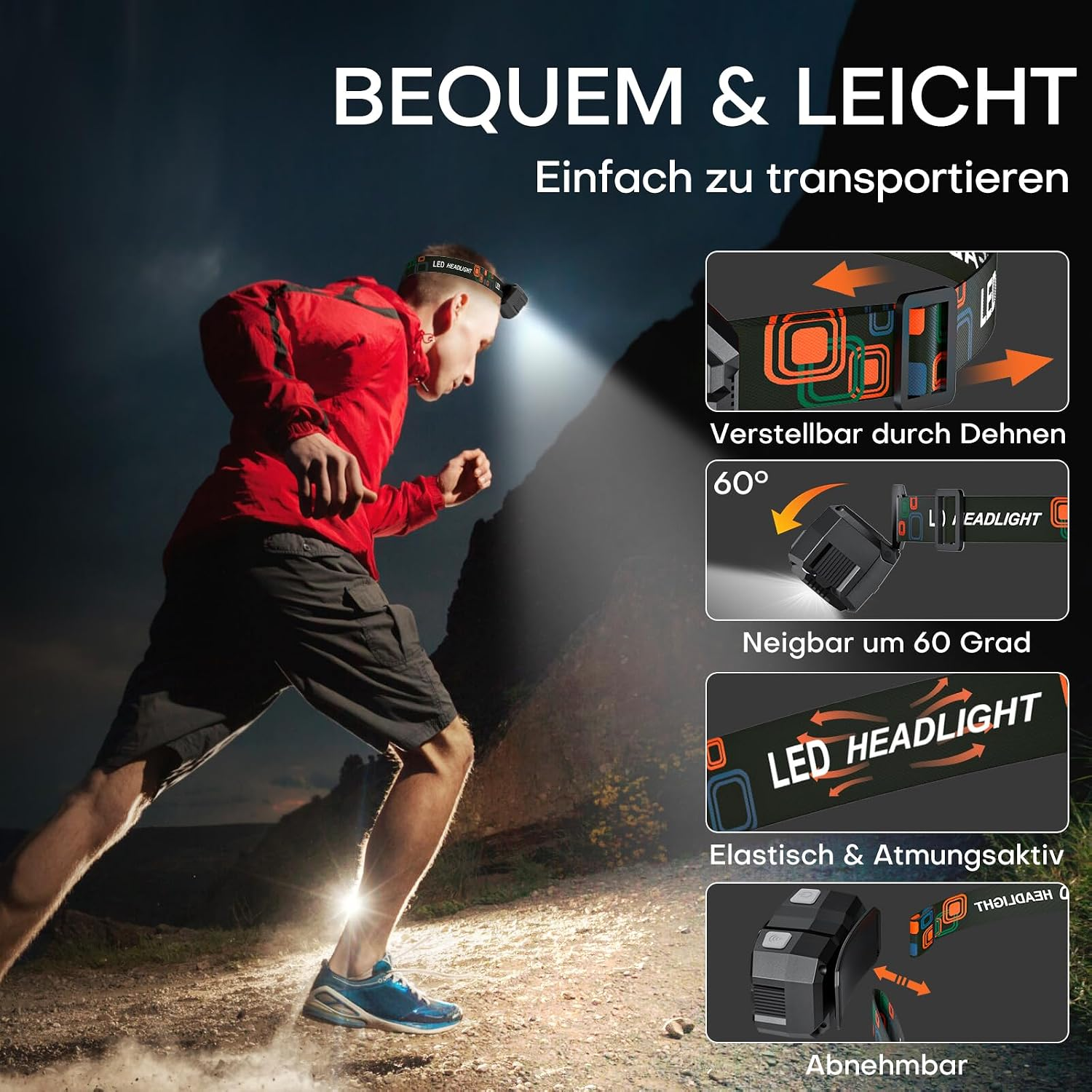 Ein Läufer mit Stirnlampe in den Bergen, mit Insets über die Produkteigenschaften.