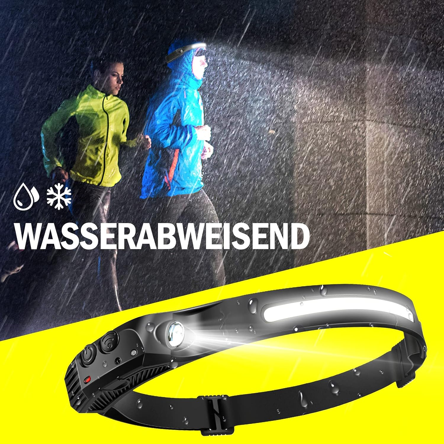 Zwei Personen laufen im Regen, im Vordergrund ist eine schwarze LED-Stinlampe auf gelbem Grund zu sehen.