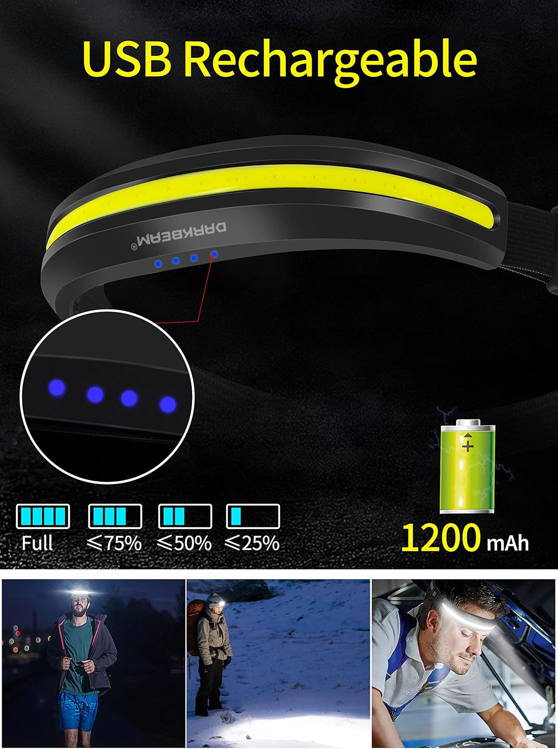 USB-aufladbare LED-Stinlampe mit 1200mAh Batterie und Akkustandsanzeige.