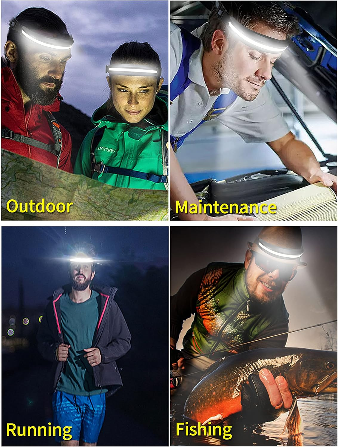 Vier Bilder von Personen mit LED-Stinrädern bei Outdoor, Wartung, Laufen und Angeln.