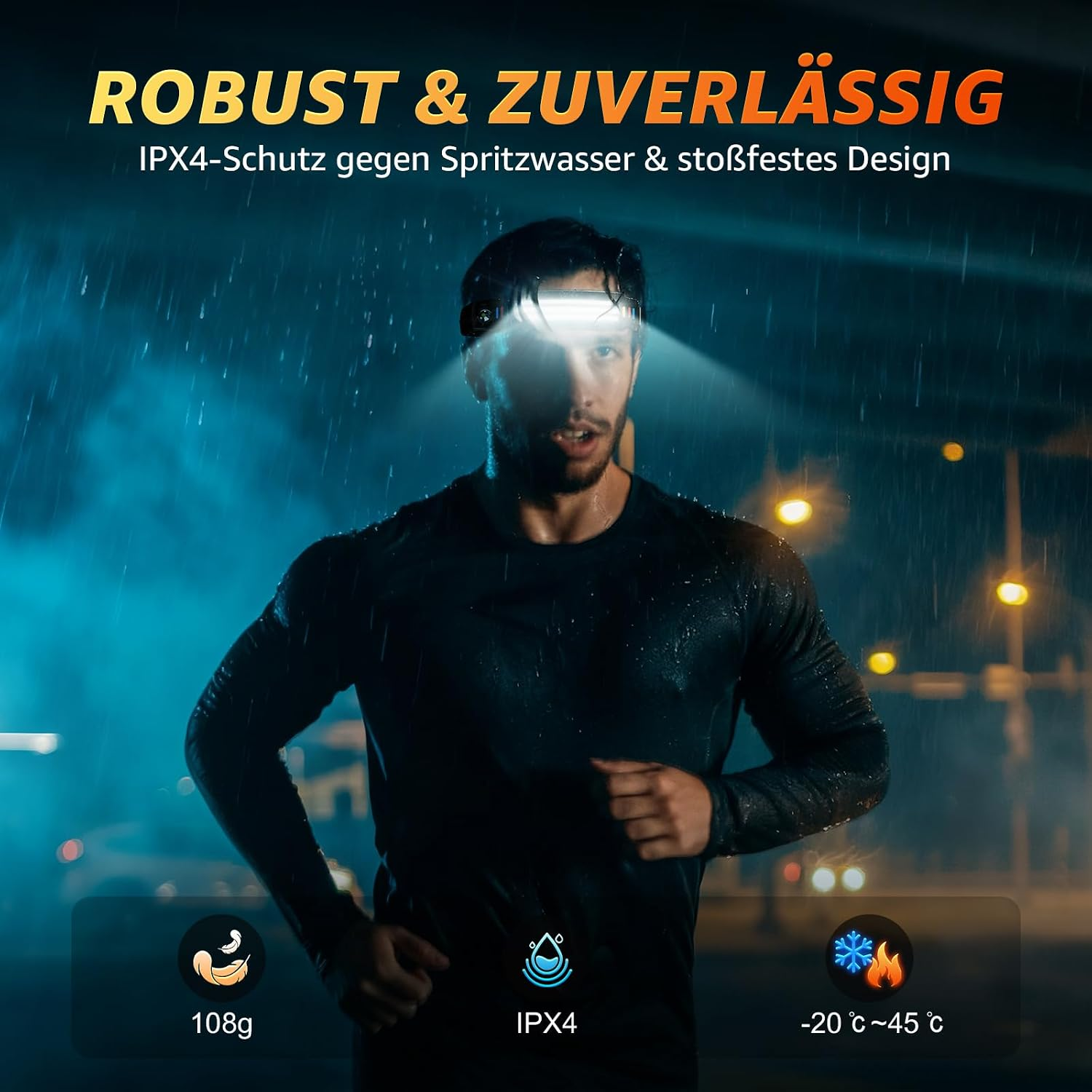 Ein Mann mit Stirnlampe läuft im Regen bei Nacht. Text: Robust & Zuverlässig.