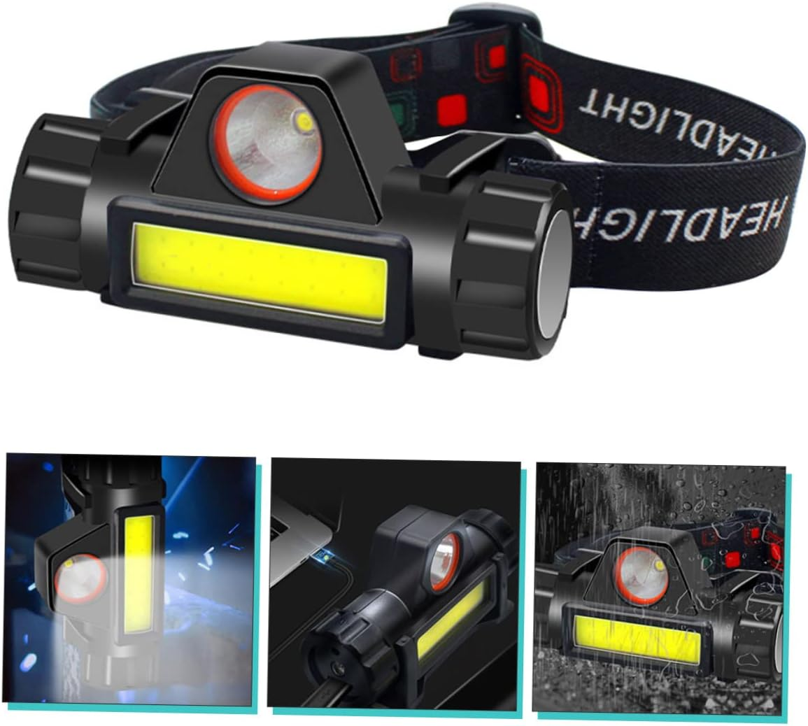 Schwarze LED-Stinlampe mit breitem Leuchtband und drei kleineren Ansichten von Nutzungsszenarien.