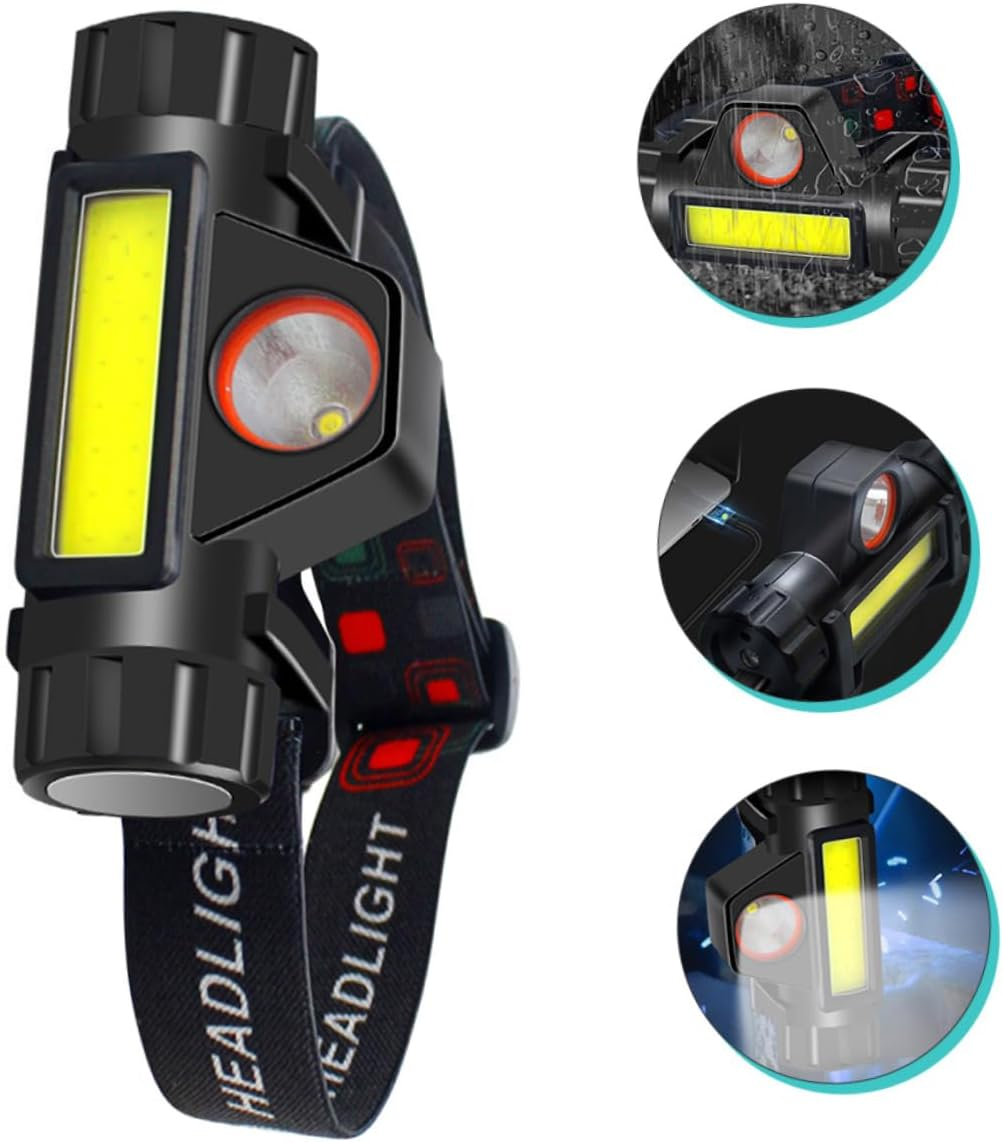 Eine schwarze LED-Stirnlampe mit Riemen und drei runden Einsätzen, die Funktionen im Regen, Laden und Leuchten zeigen.