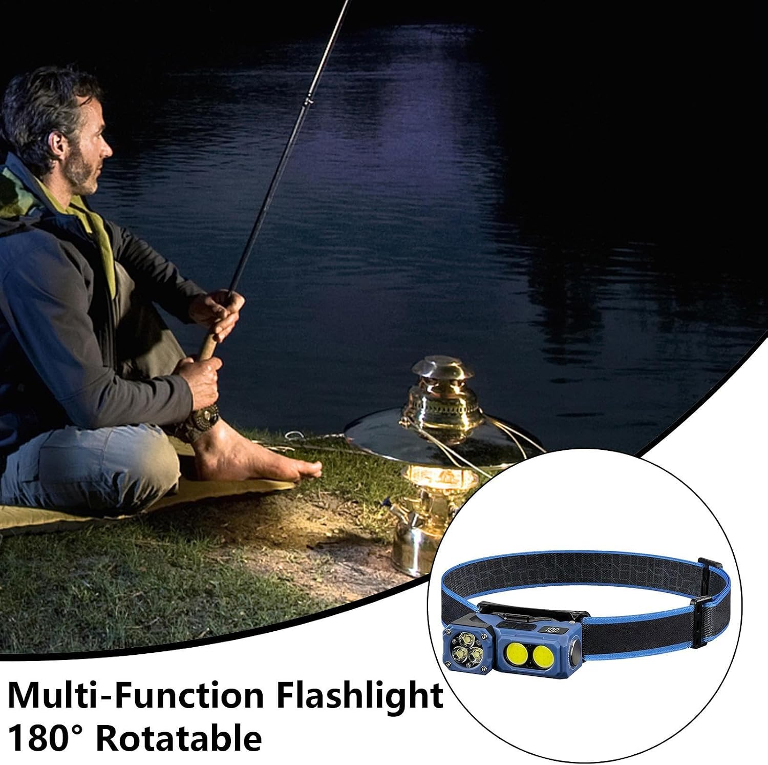 Ein Angler sitzt nachts am Ufer neben einer Laterne, im Inset ist eine blaue LED-Stinlampe mit Stirnband zu sehen.