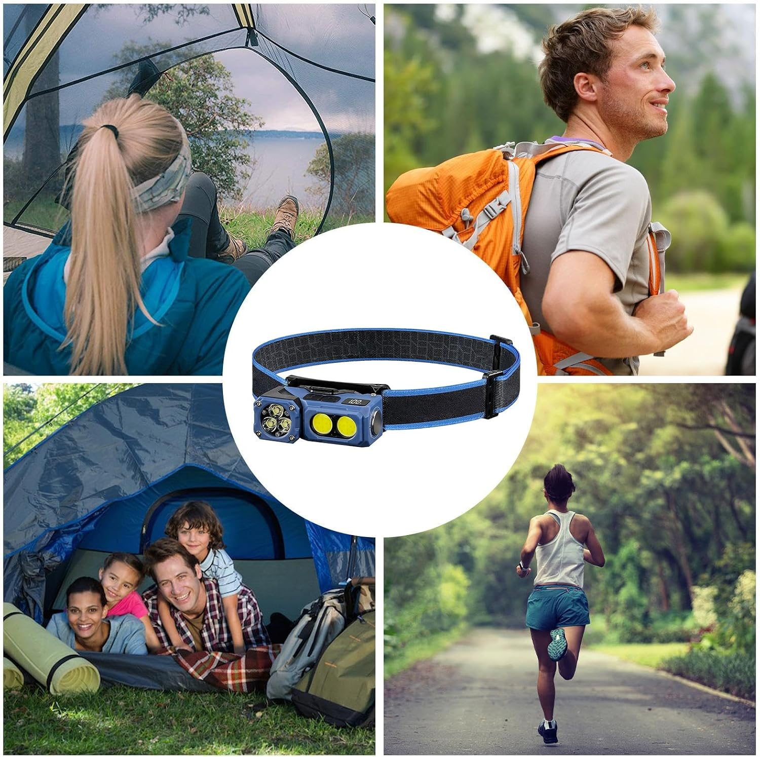 Eine Collage zeigt Menschen beim Camping und Laufen, mit einer blauen LED-Stirnlampe in der Mitte.