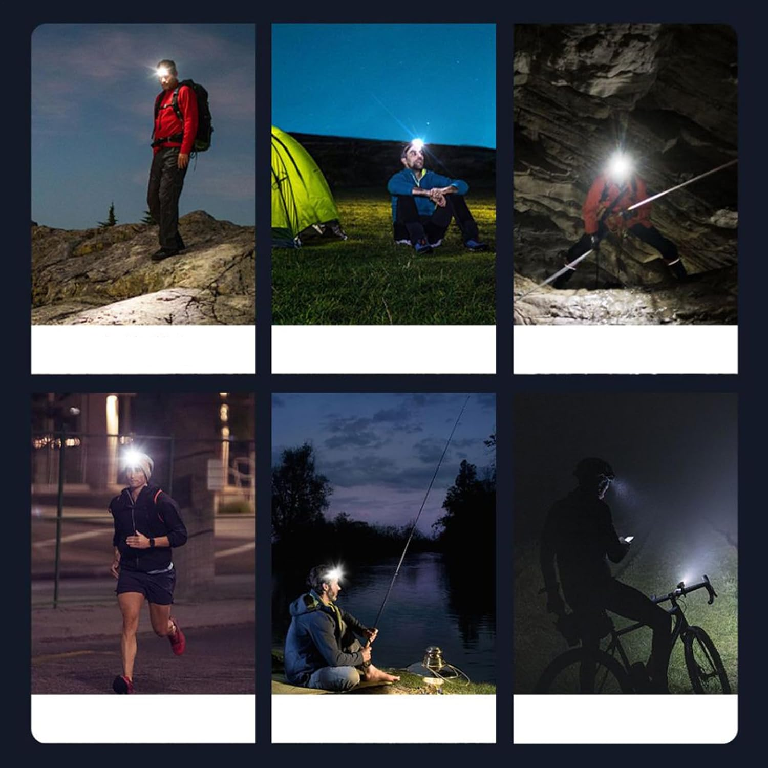 Sechs Bilder zeigen Personen bei Nachtaktivitäten mit leuchtenden Stirnlampen wie Wandern, Zelten und Radfahren.