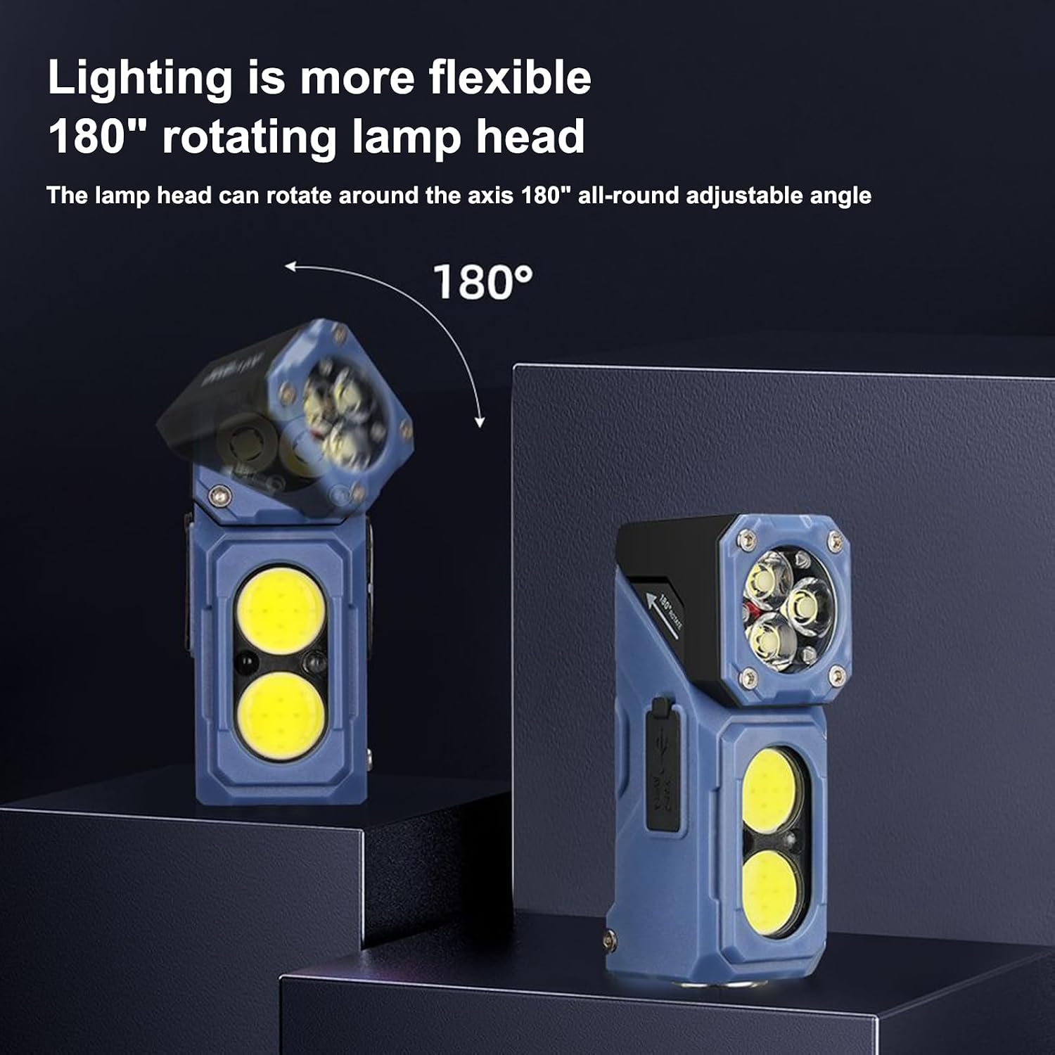 Blaue Arbeitsleuchte mit einem um 180 Grad drehbaren Lampenkopf und LED-Leuchten auf dunklem Podest.