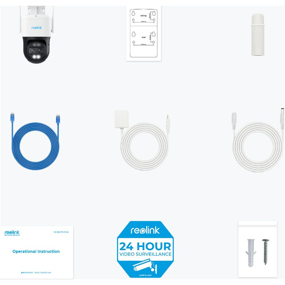 Reolink-Kamera, Montageanleitung, wasserdichte Kappe, Kabel, Handbuch, Aufkleber und Schrauben.