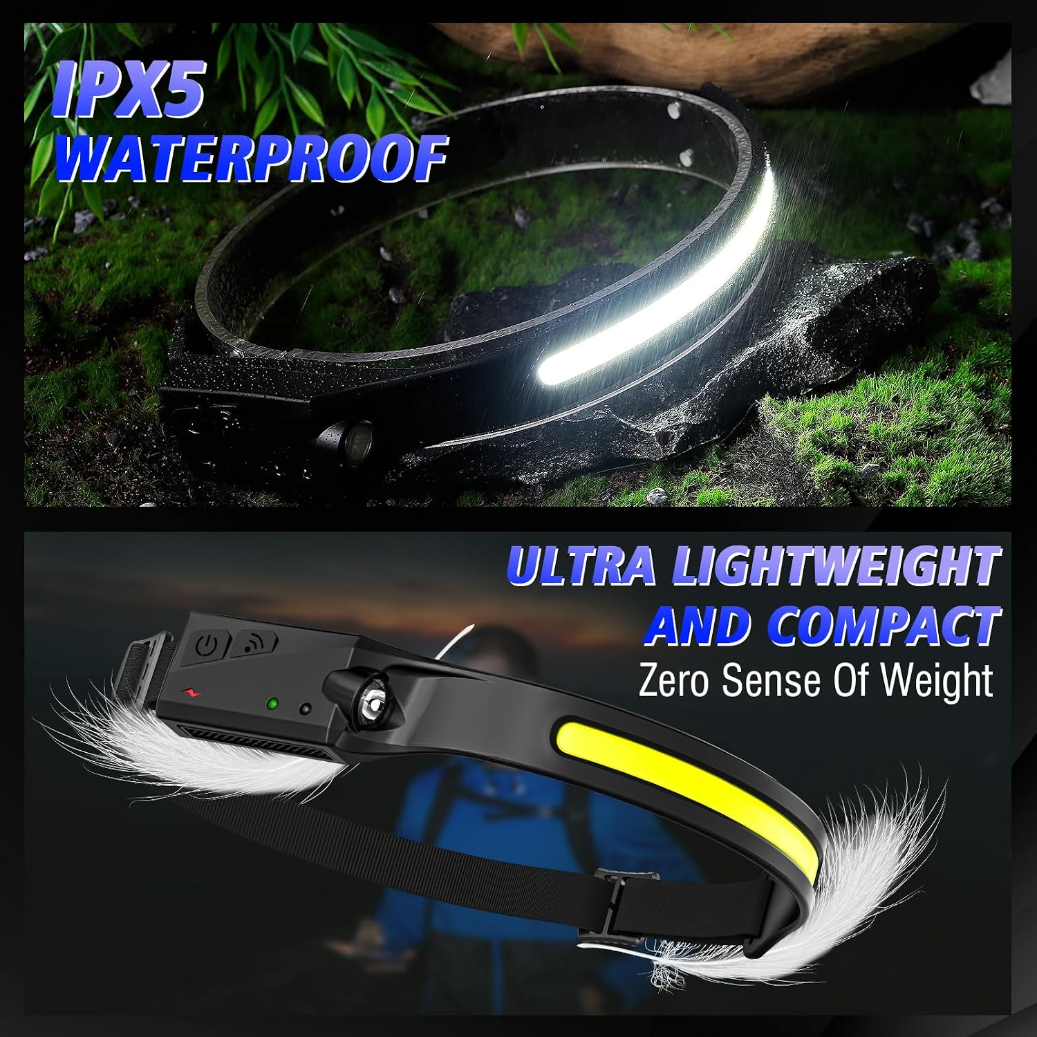 Wasserdichte Kopflampe auf Moos und leichte Stirnlampe mit Federn.