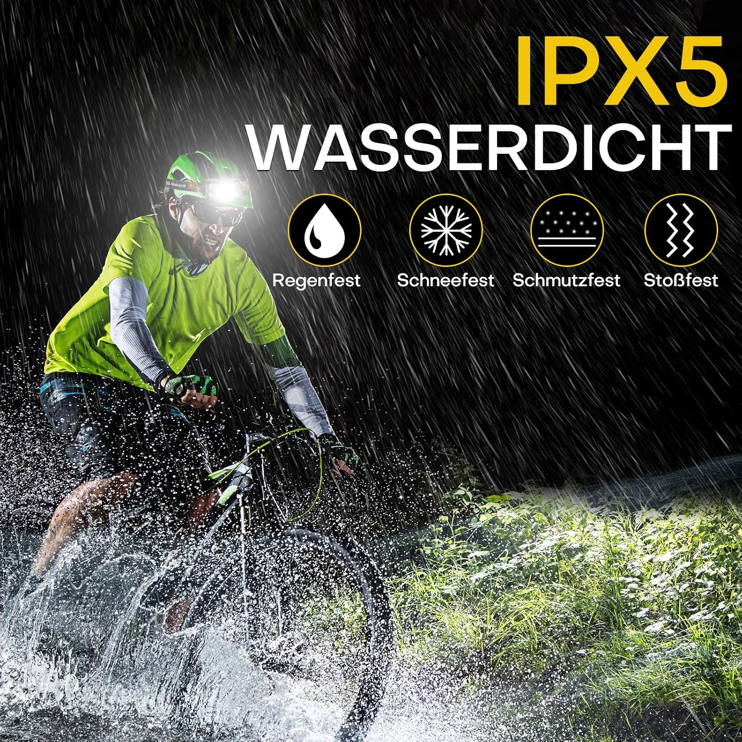 Ein Radfahrer fährt im starken Regen durch Wasser, mit Text und Symbolen zu wasserdichten und robusten Eigenschaften.