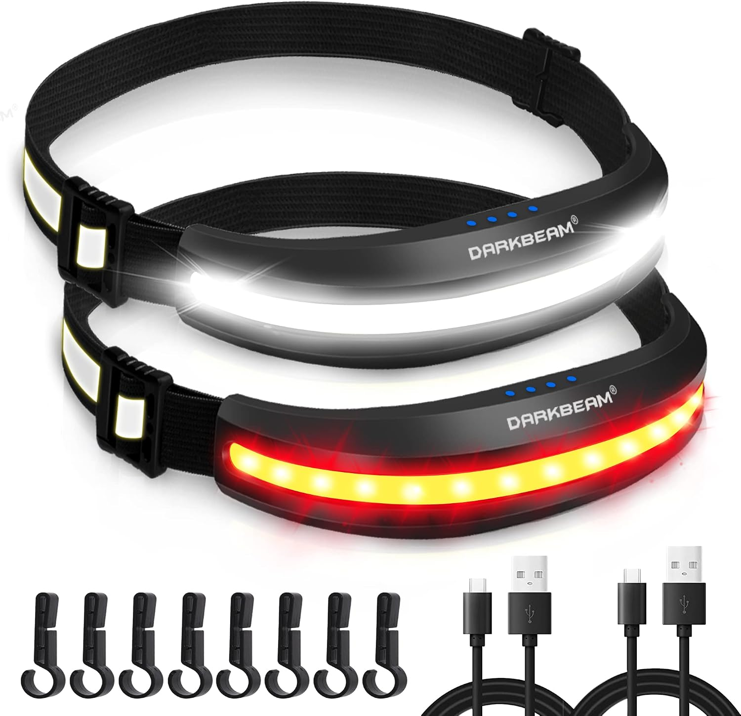 Zwei schwarze LED-Stirnlampen mit heller Beleuchtung, sieben Clip-Halterungen und zwei USB-Ladekabel.