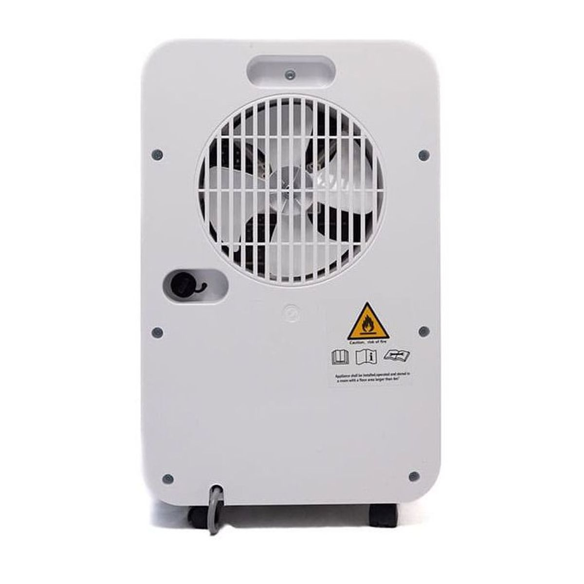 Die Rückseite eines weißen Geräts mit einem runden Ventilatorgitter, einem Warnschild und Rädern unten.