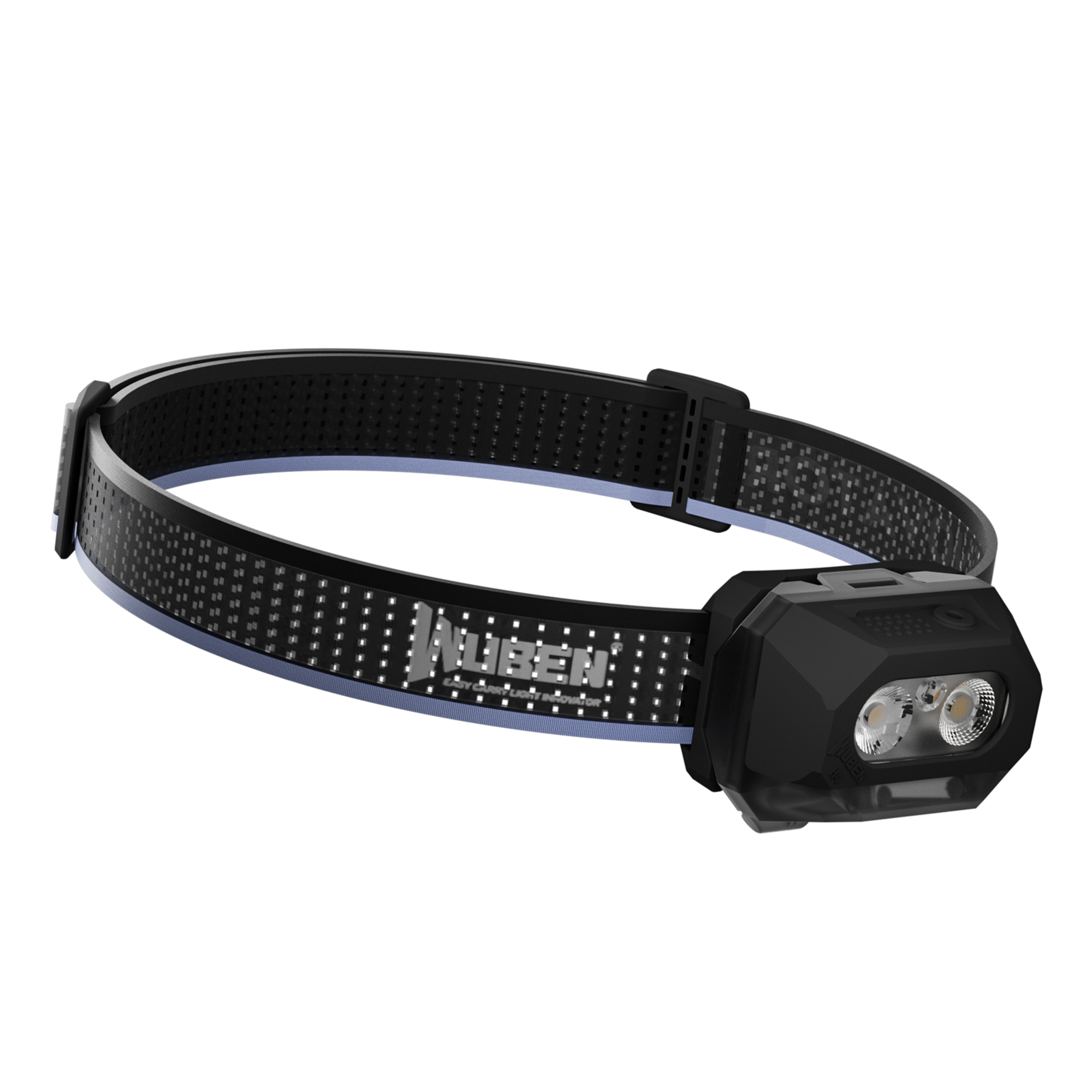 Eine schwarze Stirnlampe mit verstellbarem, elastischem Band und weißem Logo vor weißem Hintergrund.