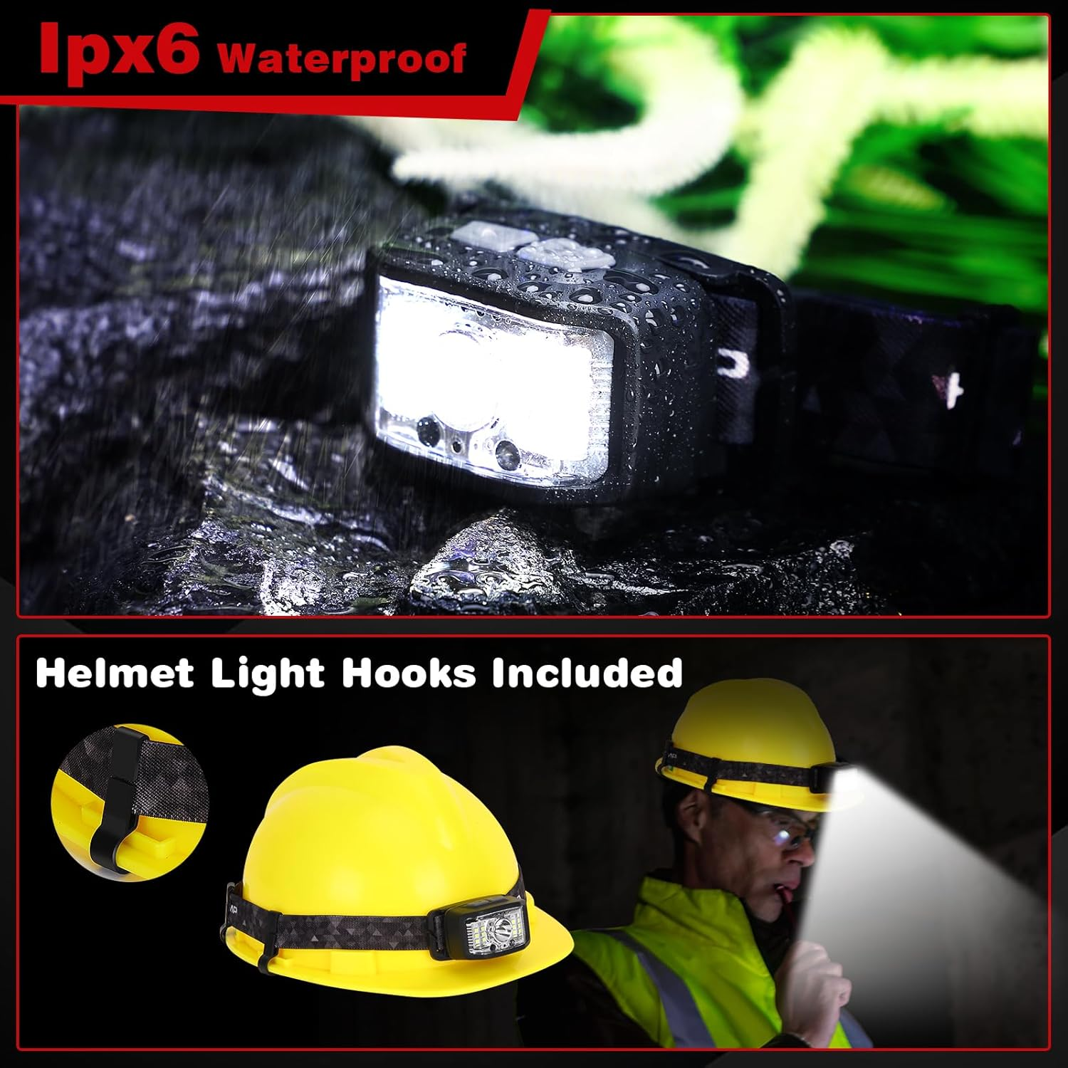 IPX6 wasserdichte Kopflampe auf nassem Stein und gelbem Helm.