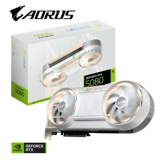 Aorus Infinity Grafikkarte in Weiß mit RGB-Lüftern und dazugehöriger Verpackung.