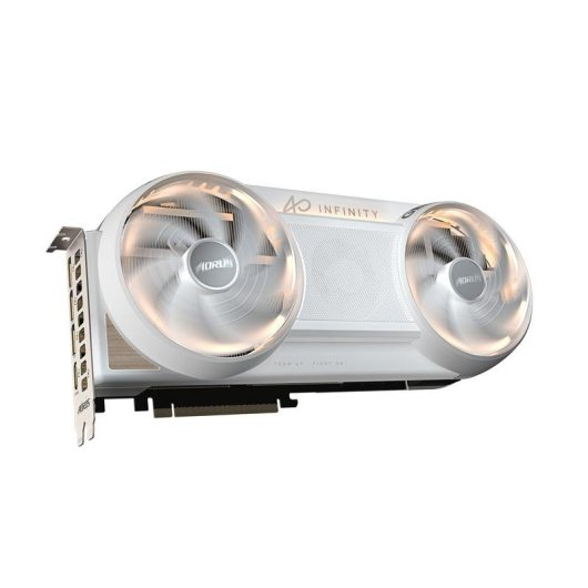 Weiße Aorus Infinity Grafikkarte mit zwei beleuchteten Lüftern.