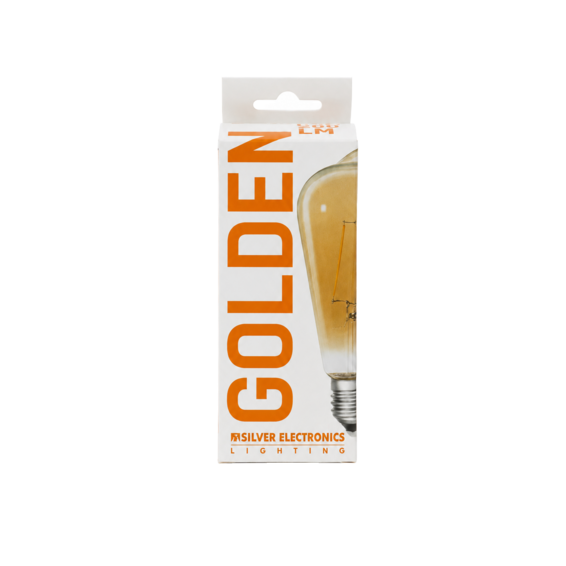 Caja blanca etiquetada como Golden con texto naranja y una bombilla.