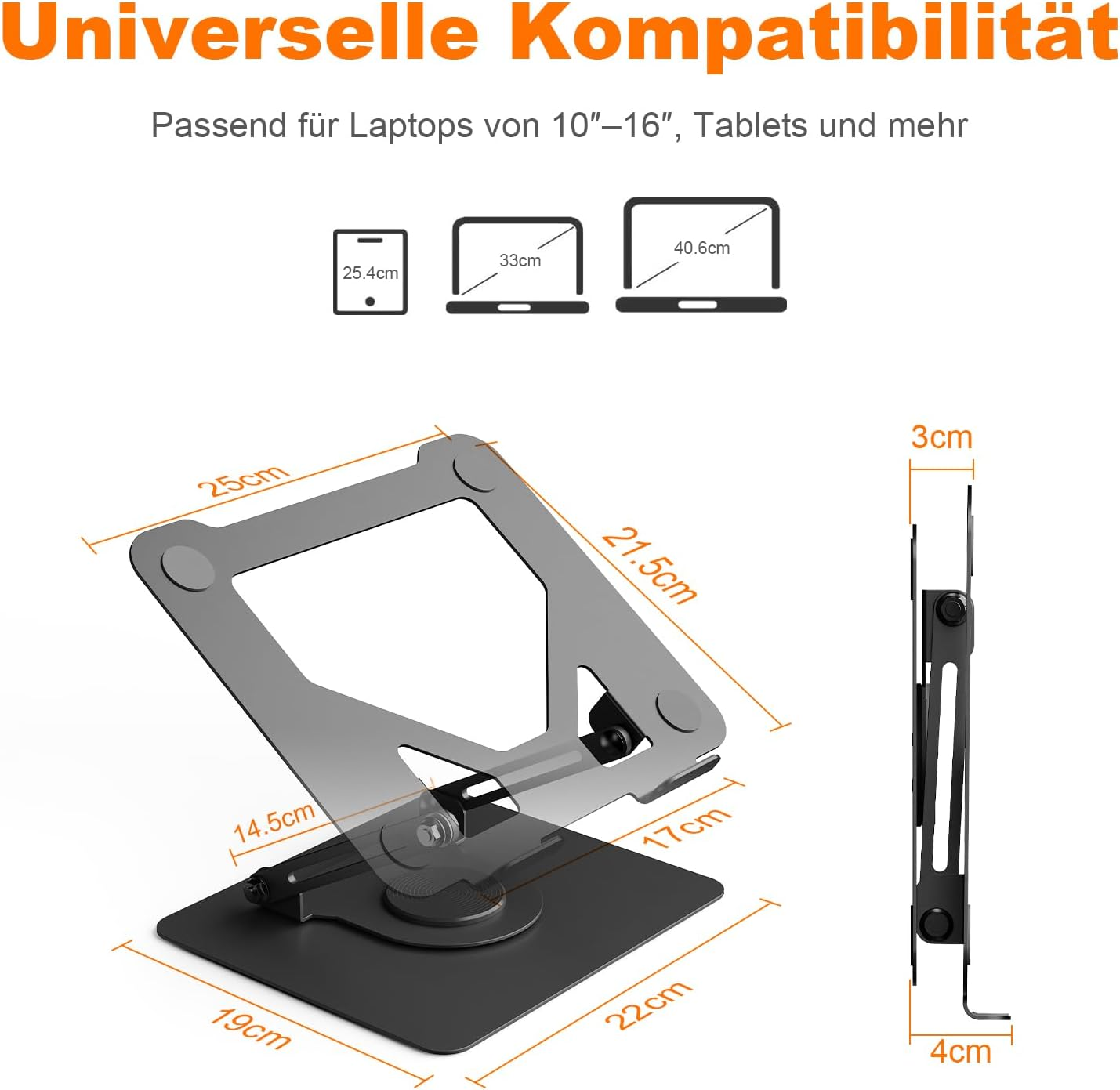 Diagramm zeigt Abmessungen eines grauen, verstellbaren Laptopständers für Geräte von 10 bis 16 Zoll.