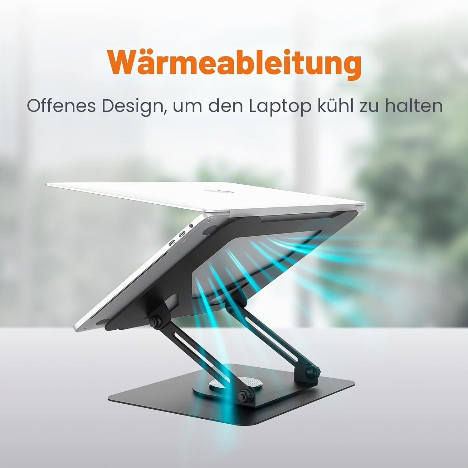 Ein silberner Laptop auf einem verstellbaren schwarzen Ständer, der blaue Wärmeströme und deutschen Text zeigt.
