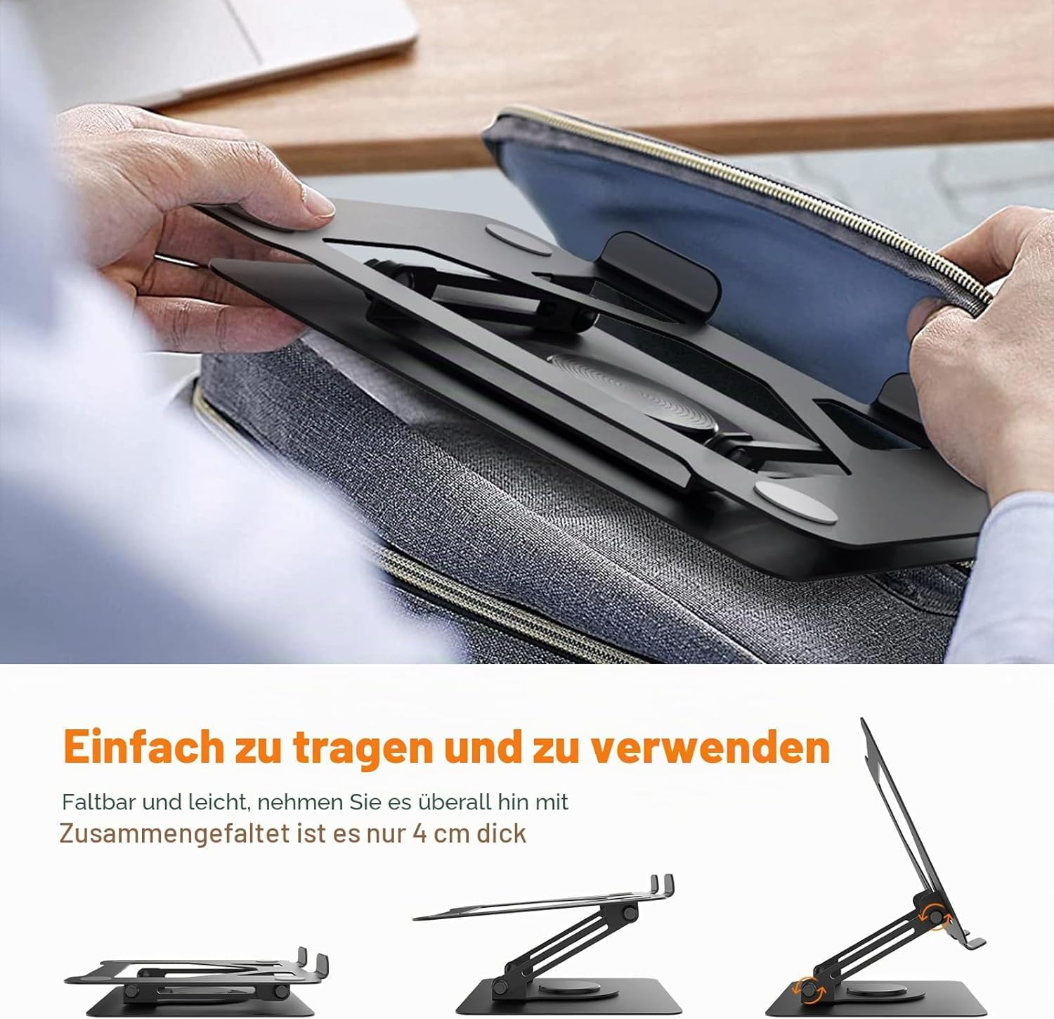 Eine Person packt einen klappbaren schwarzen Laptopständer in eine graue Tasche.