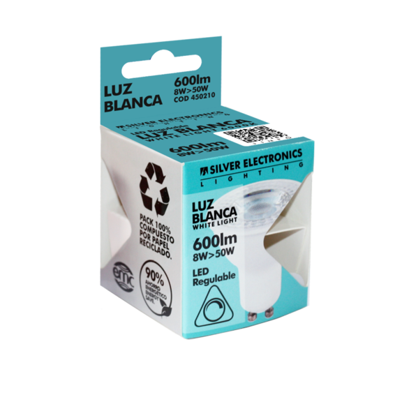 Una caja de cartón turquesa y blanca para una bombilla LED Silver Electronics sobre fondo negro.