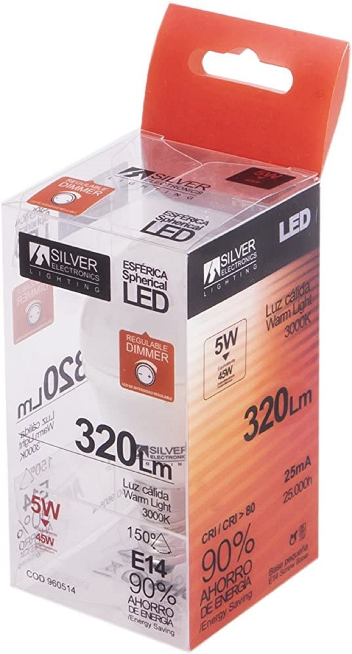 Envase de bombilla LED Silver Electronics, 5W, luz cálida 3000K, 320lm, regulable.