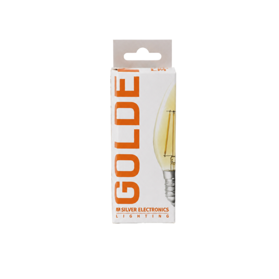 Una caja de embalaje de producto blanca y naranja para una bombilla sobre un fondo negro.