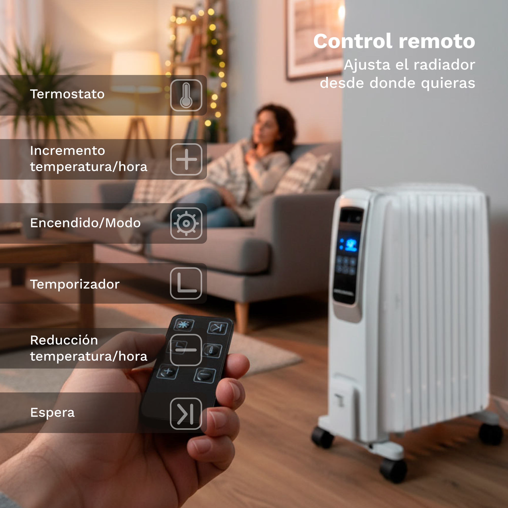 Mano sosteniendo control remoto ante radiador blanco, mujer en sofá al fondo.
