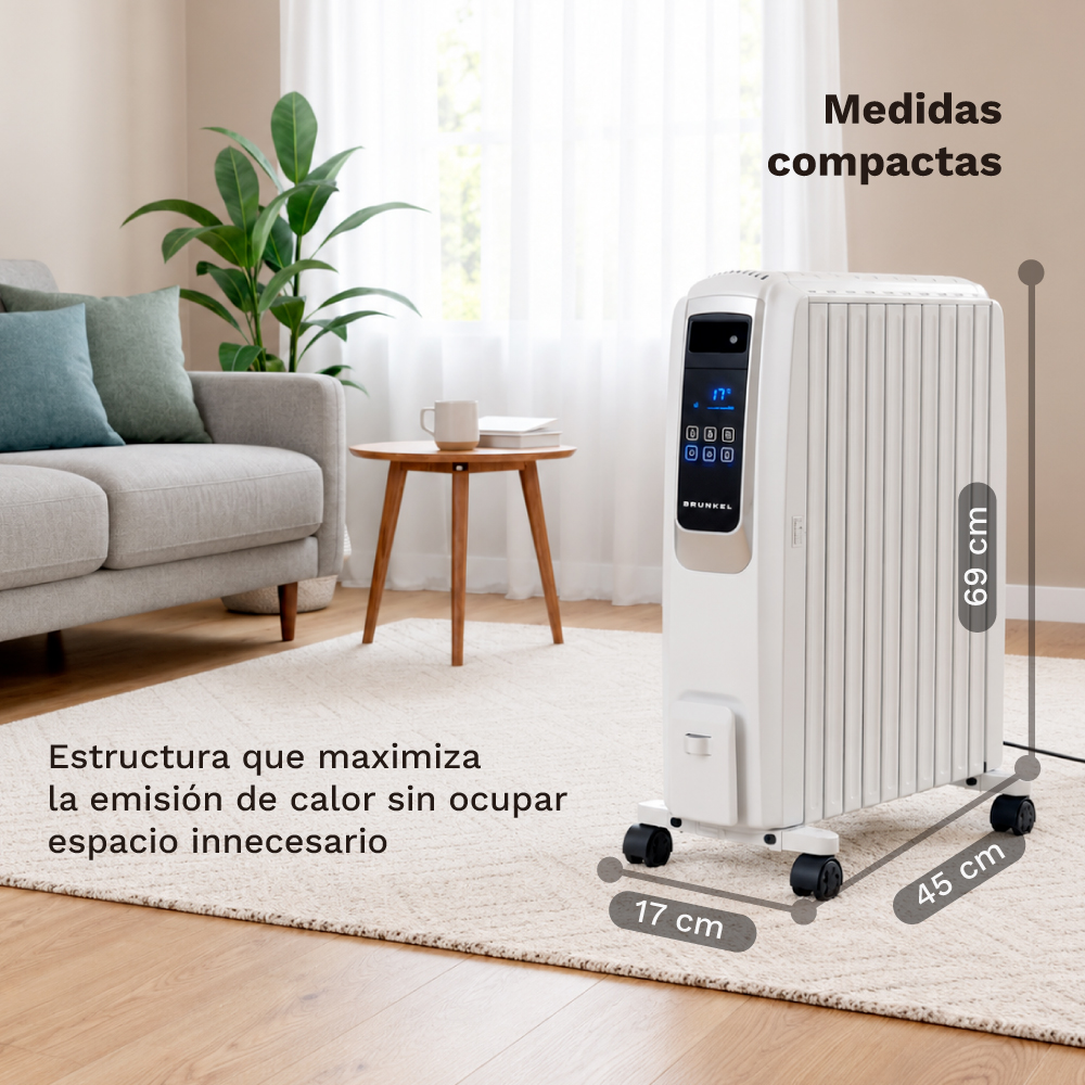 Un radiador de aceite blanco con ruedas sobre una alfombra en un salón, mostrando sus dimensiones compactas con etiquetas.