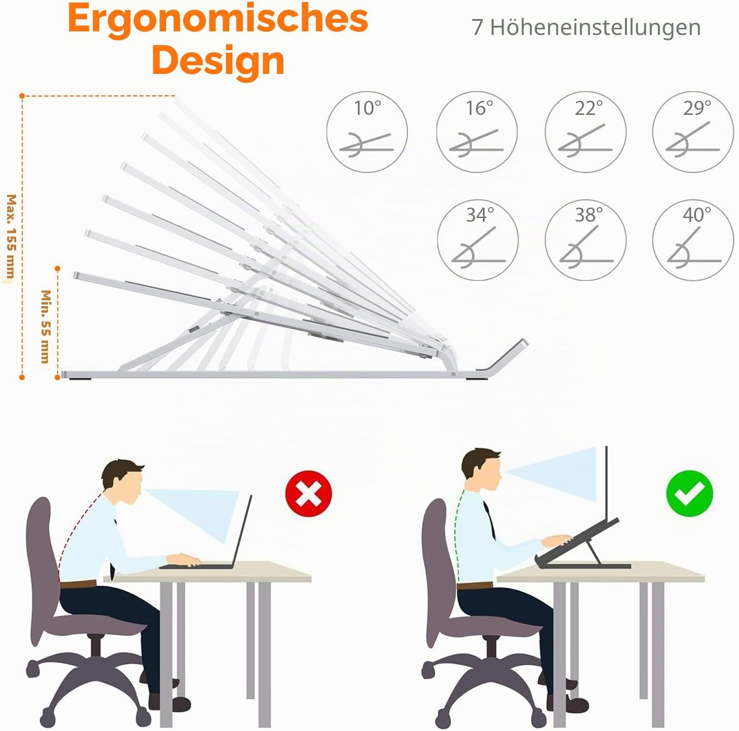 Diagramm zeigt ergonomische Laptopständer-Höhenverstellungen und falsche versus korrekte Sitzhaltung.