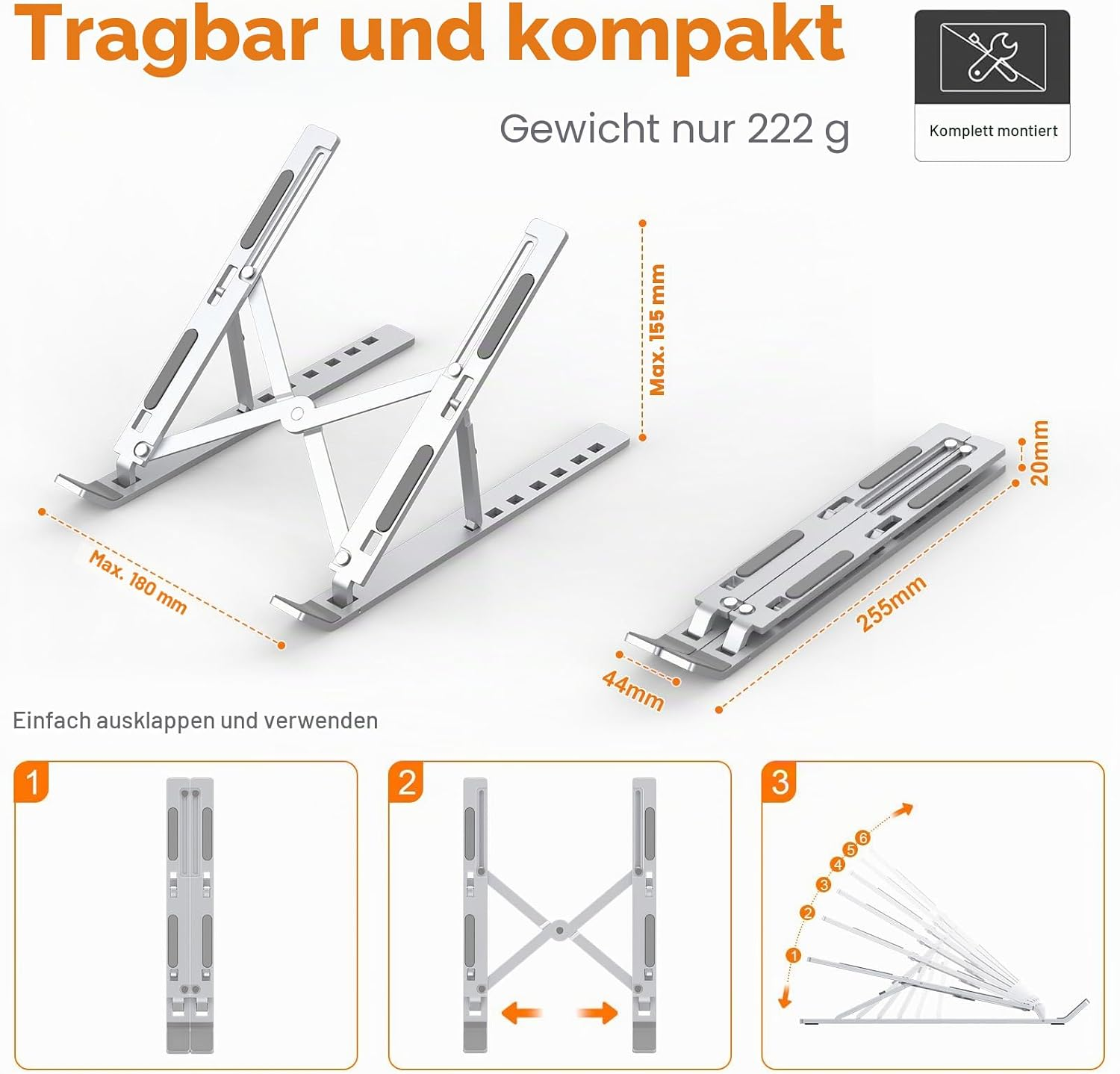 Tragbarer silberner Laptopständer mit Maßen, zusammengeklappter Ansicht und drei Schritten zum Öffnen und Einstellen.