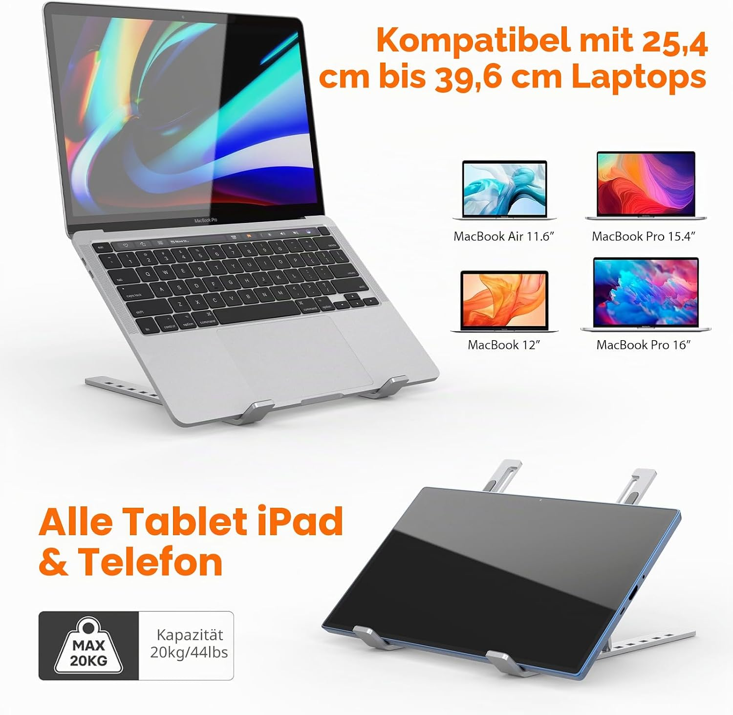 Ein silberner Laptop und ein Tablet auf verstellbaren Ständern, mit Text über die Kompatibilität.