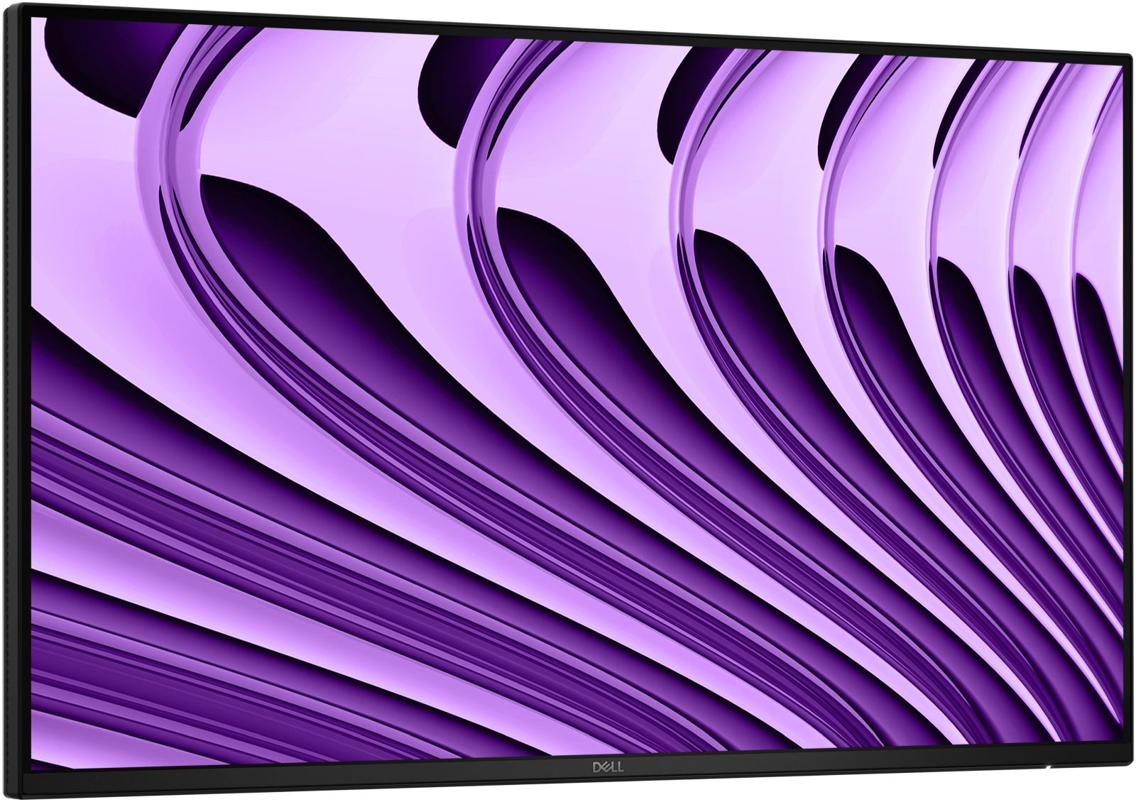 Un monitor Dell mostra un motivo astratto di onde viola in varie tonalità.