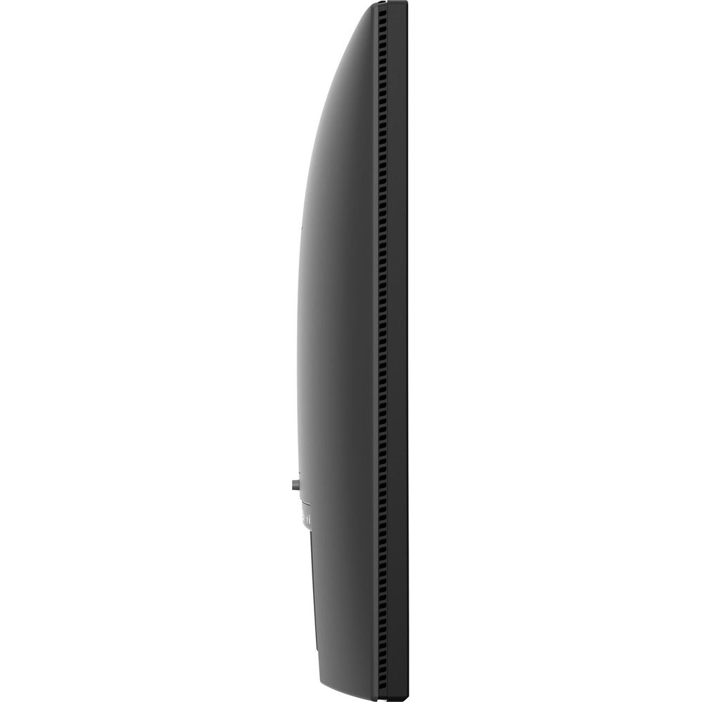 Vista laterale di un monitor curvo nero con cornice e supporto testurizzati.