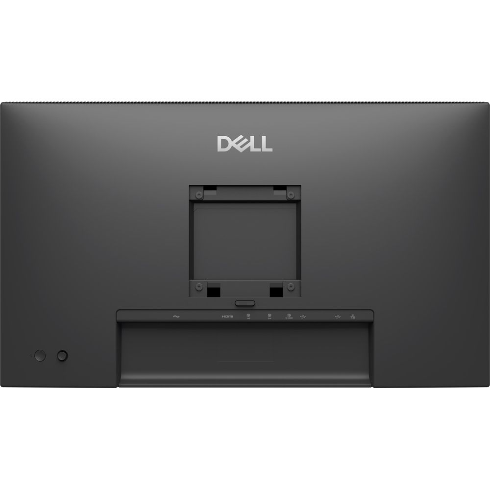 Retro di un monitor nero Dell con supporto VESA e porte.